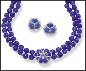 Jewels of Ocean - A Pietra Dura parure. This consists of a blue agate necklace with white diamond enhancement roundels and surround, plus matching ear clips set with 18K white gold.