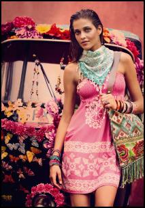 Accessorize world tribal decoration accessories - Sanguine floral earrings, Mosaic paisley square scarf, Trinket floral necklace, Kerala bandeau dress, Kashmiri painted bangles, Flower fringed bag.