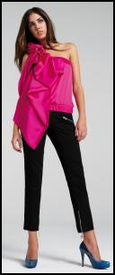 River Island Clothing Co. Ltd   -  Fuchsia one shoulder satin top �34.99, Black 'Nicola' three quarter zip detail trouser �34.99, Blue snakeskin 'Whoop' platforms �54.99.
