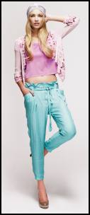 Pink Sequin Jacket With Waterfall Front, Pink Cropped T-Shirt, Turquoise Harem Trousers.