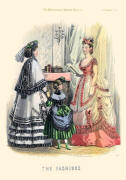 The Englishwoman's Domestic Magazine Fashions 1869 - Coral and cream soft bustle evening dress.