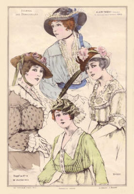1914 - Blouses known as waists all featuring the scandalous V neck of the era and worn with attractive matching day hats. 