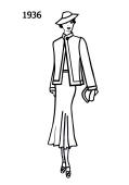 Fashion history line drawing of stylish suit 1936.