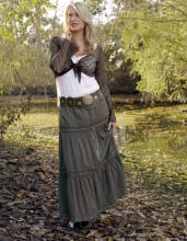 White crochet trim cami �8 Khaki lace peasant skirt �25 Belt �15 Wrap top �28