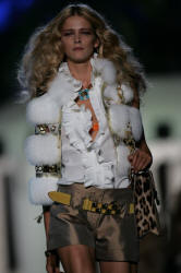 Horizontal white fox fur vest gold leather trim Roberto Cavalli