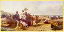 Costume history painting of Victorian ladies at the seaside wearing full crinolines.