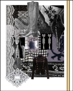 Mood board - A simple black and white palette relying on texture contrast of lace against velvet against satin against knit.