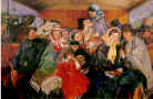 Painting showing a railway carriage in Victorian era. Fashion history