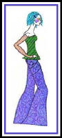 Fashion sketch of girl in purple flared trousers.