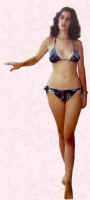 Picture of girl in a batik cotton skimpy bikini circa 1980. Fashion and costume history.