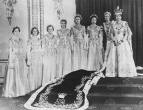 The 7 Maids of Honour and the Queen all wearing their Coronation dresses.