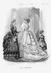 The Englishwoman's Domestic Magazine Fashions 1869 - Bustle wedding gown greyscale image for colouring in.