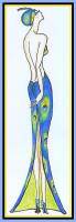 Fashion drawing of a woman in a peacock print full length dress with back exposed to back waist.