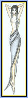 Fashion drawing of a woman in a grey full length dress with one breast exposed.r midriff.