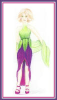 Fashion drawing of a woman in green top and purple skirt.