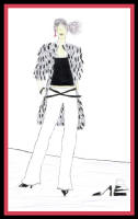 Fashion sketch of woman in black and white print jacket and white trousers.