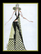 Sketch of black evening trousers and long check cape.