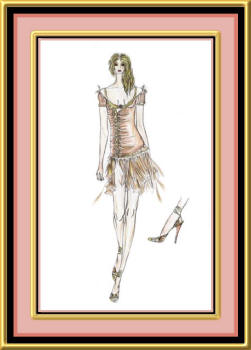 Fashion drawing by Mira of Woman in floating short cocktail dress.