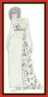 Fashion sketch of straight evening dress with floral train .
