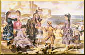 Costume history painting of late Victorian ladies and children wearing bustle dresses at the seaside.