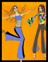 Fashion drawing of two women in flared trousers.