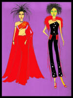 Eastern inspired fashion drawing of woman in red sarong style outfit alongside another in a form fitting black jumpsuit.