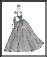 Fashion drawing of woman in a full skirted ball gown and bustier style bodice. out midriff section.