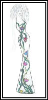 Fashion drawing of woman in a floral evening dress.