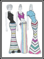 Fashion drawing of 3 woman in a mixed clinging  tops and striped skirts.
