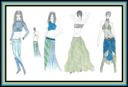 Fashion drawing of women in modern outfits
