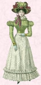 Right - Green dress 1825 showing how the waist is at last at its natural position.