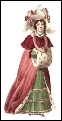 Fashion history 1827 - Fur lined red winter cloak and muff.