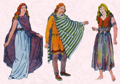Costume history on fashion-era.com - A Celtic woman; in the centre a Celtic man and on the far right a Celtic peasant.