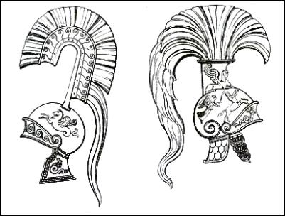 Greek helmets of ancient Grecian battle costume