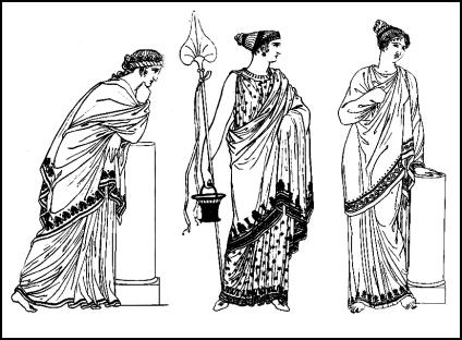 Fashions from ancient Greece. Borders were used to create drapery interest when the border wrapped around the body. 