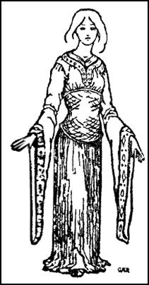 Lady in robe with long sleeves. Costume of the 12th century.