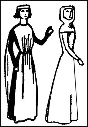Women - cotehardie and plain gown.