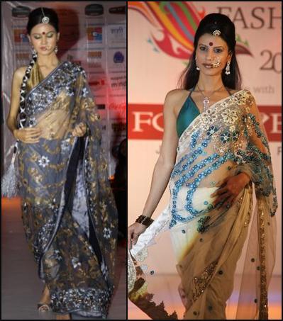 These transparent fabrics in the saris are following the international trend among fashion designers for all things sheer and layered.