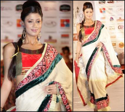 Vibrant Fashion Week Cream and Red Indian Saree.