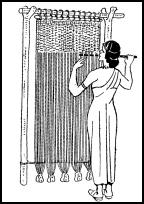 Costume history on fashion-era.com - An Egyptian woman weaving cloth on a primitive upright loom.