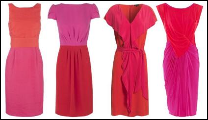 Dresses in bright block colours like hot orange, tangerine, coral and tomato red, against fuchsia pink and magenta.