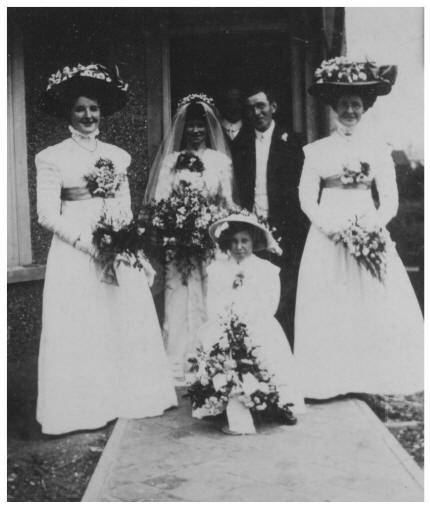 Florence Perry on her wedding day in 1910 and with her bridesmaids.