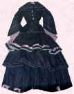 Picture of aubergine and pink Victorian style small costume. Fashion history and costume history dolls