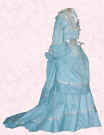 Picture of aqua blue bustle mid Victorian style small costume. Fashion history and costume history dolls