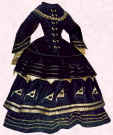 Picture of black and yellow Victorian style small costume. Fashion history and costume history dolls.