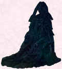 Picture of black bustle mid Victorian style small costume. Fashion history and costume history dolls