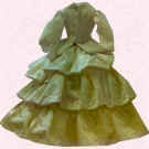 Picture of white satin frill tiered Victorian style small costume. Fashion history and costume history dolls 
