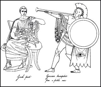 Male everyday dress was very similar as shown in this image of the Greek poet. Beside him is agReek trumpeter.
