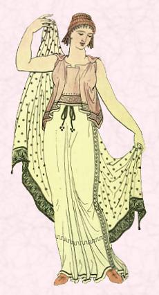 Fashion History Image - Ancient Greece Costume - The overall look for both women and men is one of fabric drapery created by the chiton a garment which for most occasions reached the feet. 