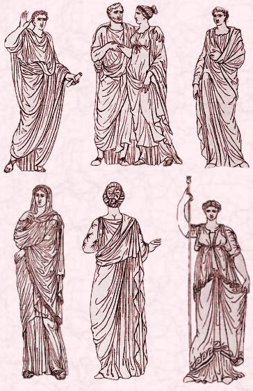 Togas and wrapped draped gowns, early clothing from ancient Rome.